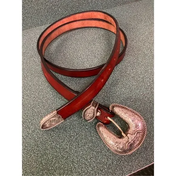 Women’s Western Cowgirl Belt Sterling Silver Overlaid Buckle Set Vintage Brown Dark Brown Suede Cowgirl Belt - Gold Engraved Buckle main image 3